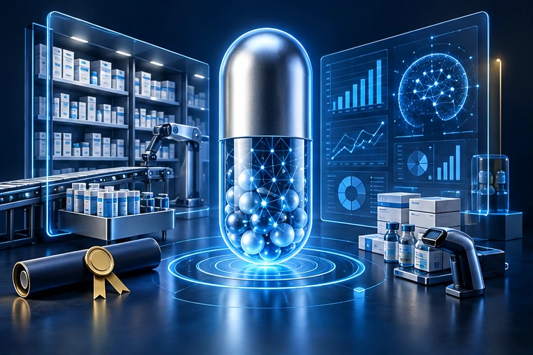 Ilustración de Gestión Farmacéutica con Datos e IA